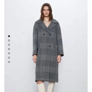Zara, Oversized Wool Gray Black Coat, Checkered Plaid Long Double Breasted WOOL